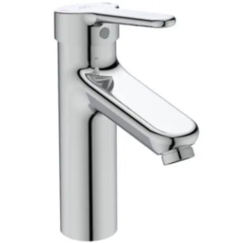 Chromfarbene Armatur von Ideal Standard mit einem Hebel zum Einstellen der Wassertemperatur und einem Auslauf für den Wasserabfluss.